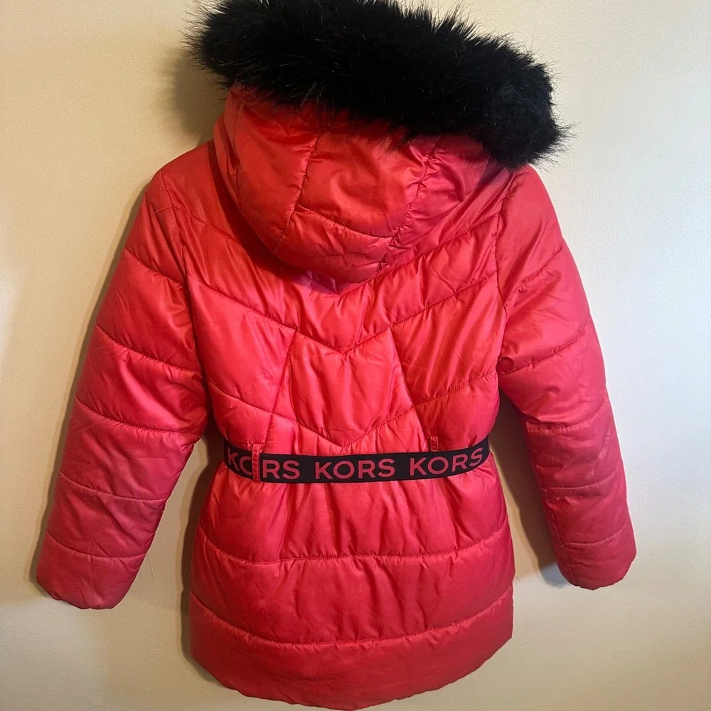 Michael Kors Puffer Jacket Girls 14 Red Zip Faux Fur Hood Logo Belt Outdoor Coat